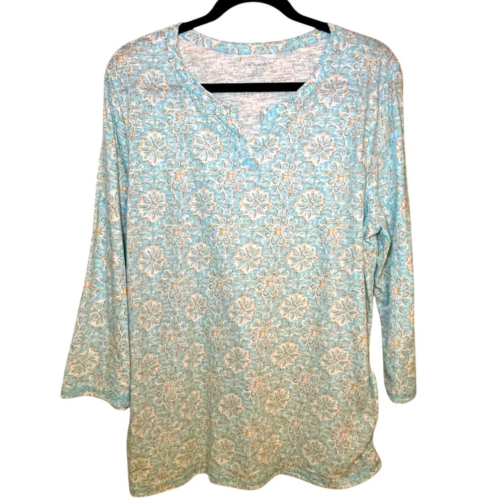 T By Talbots Blue Medallion Ruched Split Neck Cotton Tee Size XL